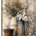 Farmhouse Rustic Daisy Canvas Wall Art Vintage Country Floral Posters Print White Jasmine Flowers and Rust Color Watering Can Wall Decor Picture for Living Room Bedroom Bathroom Decoration, 24"L x 16"W