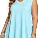 Afibi Women Summer Dressy V Neck Tank Top Loose Fit Flowy Sleeveless Shirt (XX-Large, Light Blue)
