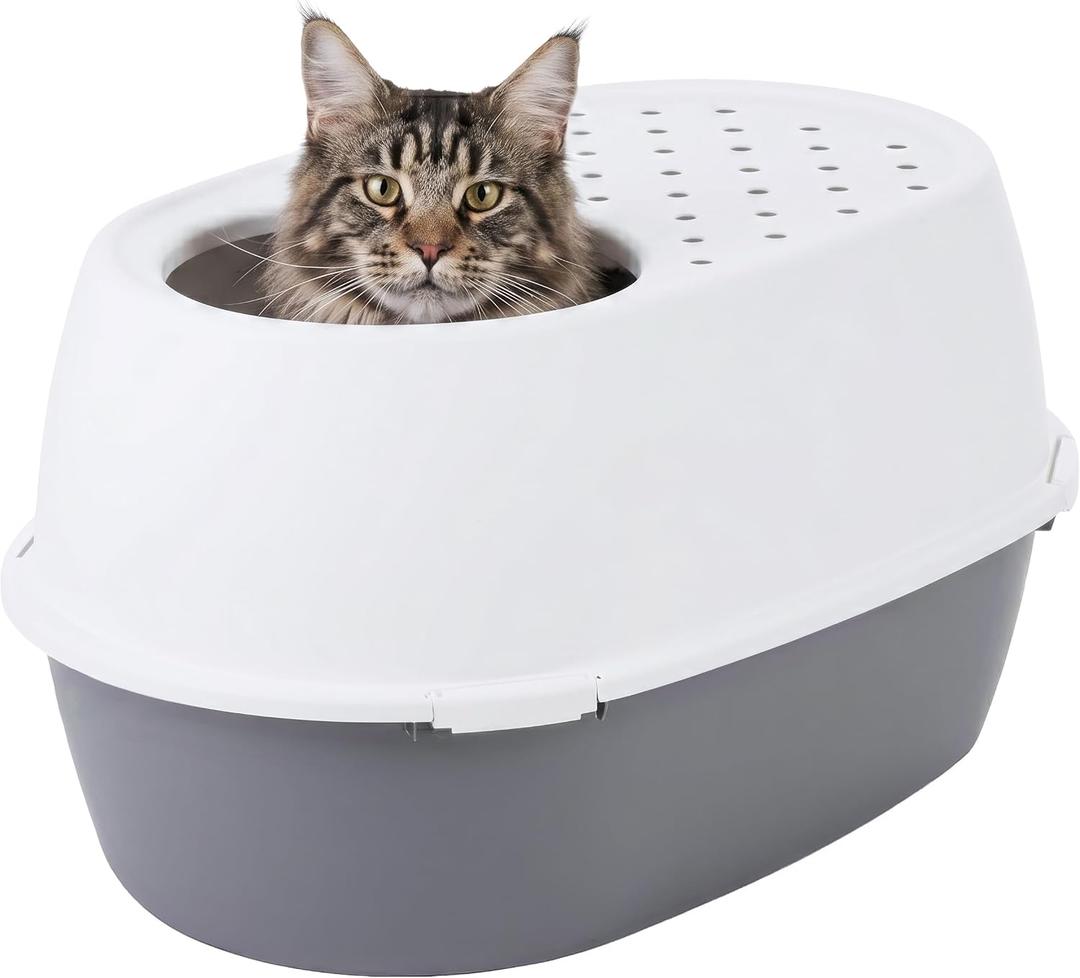 IRIS USA XX-Large Top Entry Cat Litter Box, Dog Proof, Gray/White