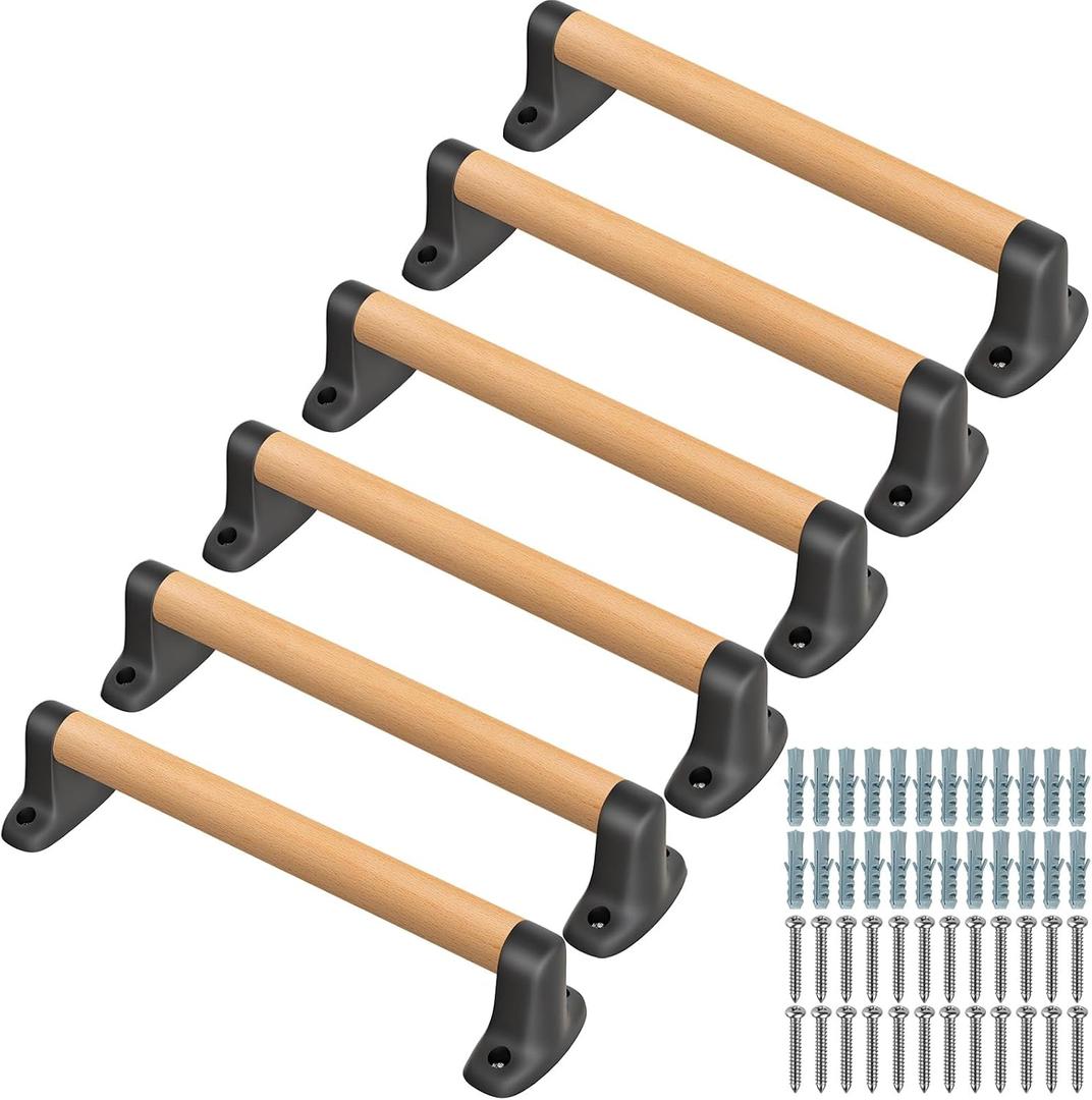 SELEWARE 6-Pack 17-Inch Playground Safety Handles, Solid Beech Wood Kids Playground Grab Handles with Plastic Brackets, Playset Handles for Indoor Outdoor Playhouse Treehouse Climbing Frame & More