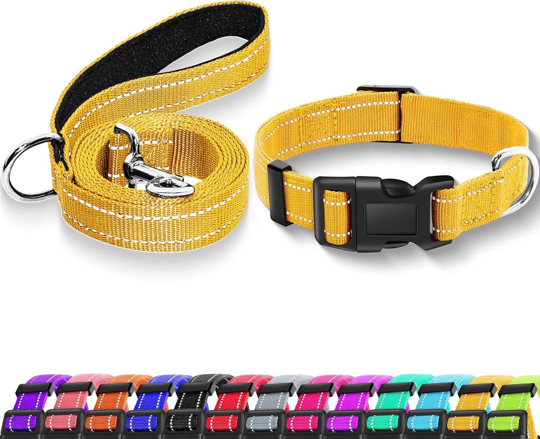 2pcs Reflective Dog Collar with Safety Locking Buckle, Adjustable Soft Breathable Nylon Collars for  Dogs (Collar+Leash, Yellow) Medium and Large