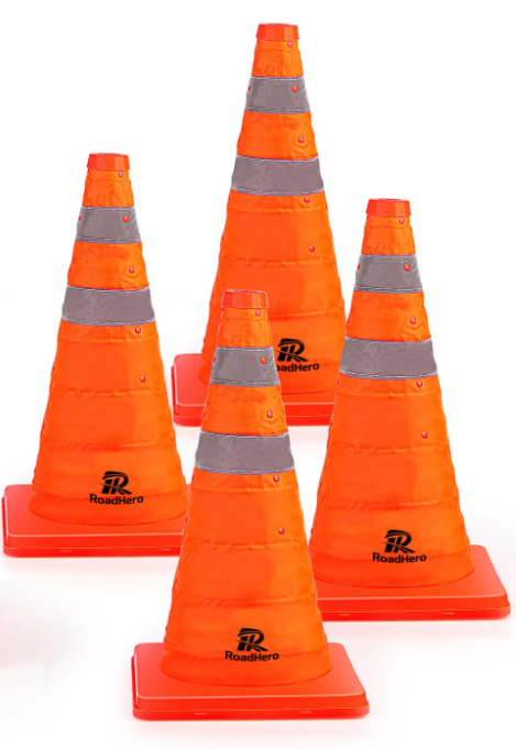 RoadHero 10 Pack Collapsible Traffic Safety Cones, Orange Foldable Design for Storage, Reflective Collar Visible at Night, For Road Safety, Driving and Sport Training, Parking Lots