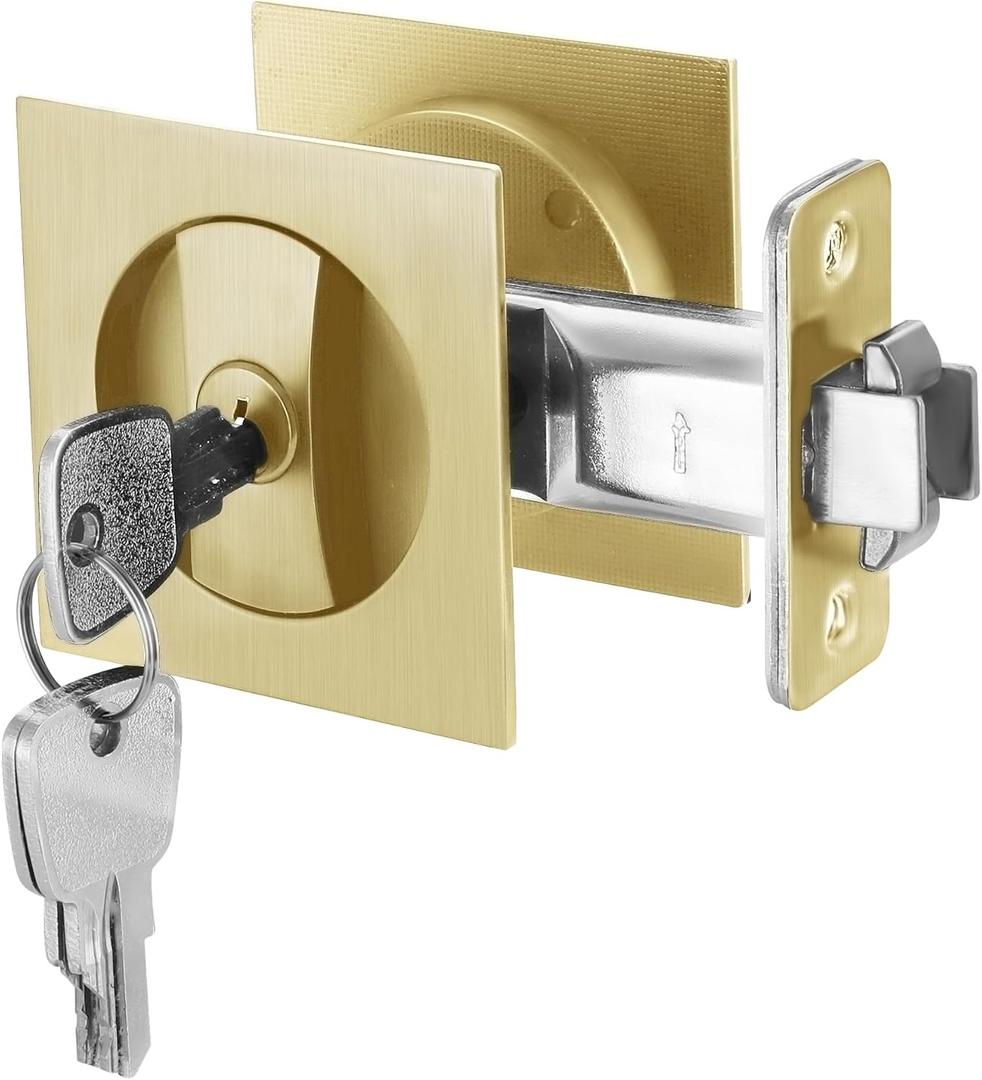 Malimali Pocket Door Lock, Pocket Door Hardware Square Door Lock for Privacy Sliding Door Bifold Door Locks and Pulls Handles Replacement Hardware (Brushed Gold, Entry Lock with Key)