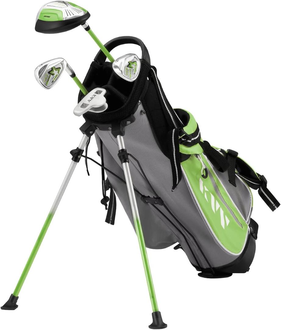 KVV Junior Complete Golf Club Set for Kids/Children Right Hand, Includes Oversize Driver, Irons, Putter, Head Cover, Portable Golf Stand Bag (Age 8-10, Lime 8-10)
