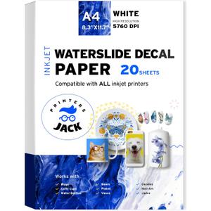 Printers Jack Water Slide Decal Paper Inkjet WHITE 20 Sheets A4 Size Premium Water-Slide Transfer Paper Printable Water Slide Decals for Tumblers, Mugs, Glasses DIY (20 Sheets 8.27 x 11.69 inches)