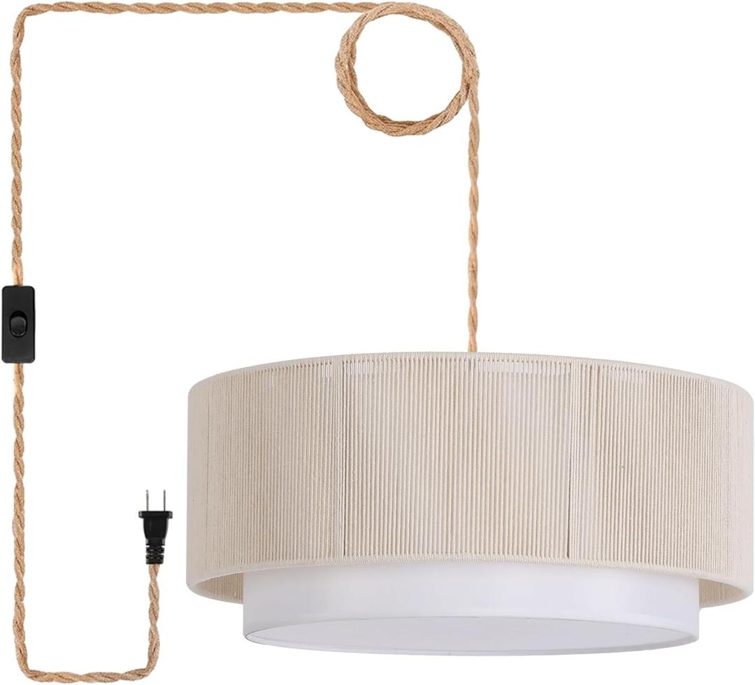 18” Plug in Pendant Light, Large Rattan Plug in Chandelier with 15.7FT Light Cord, Hanging Lamp with Handwoven Cotton Rope Lampshade for Living Room Dining Room Kitchen