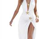 EDOLYNSA One Piece Swimsuit with Cover up Skirt Starfish Swimwear Sets for Women Halter Bathing Suits Vacation Beach Dresses (Large, White)