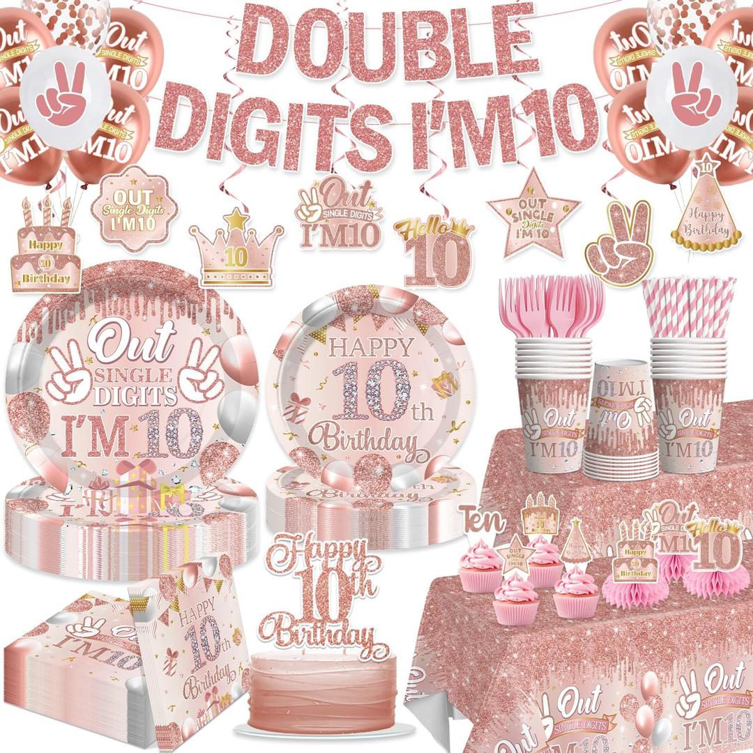 197pcs 10th Birthday Decorations for Girl, Double Digits Birthday Girl Serves 25, 10 Year Old Birthday Decorations Thick Plates Banner Tablecloths and Cake Topper with Cupcake Toppers