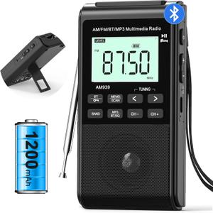 Pocket Radio with AM FM-1200mAh Rechargeable Radio-Portable Transistor Radio with Best Reception, Bluetooth Receiver,5W Big Speaker,LCD Screen,Earphone Jack,Support SD Card and USB Player for Jogging (Black)
