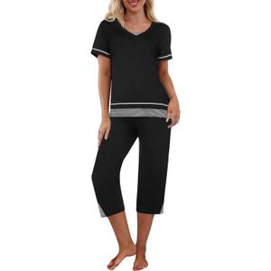 Ekouaer Capri Pajama Sets for Women Short Sleeve Tops Sleepwear Sleep Sets Pjs Sets Soft Two Piece Loungewear Sets (3X-Large, Black)