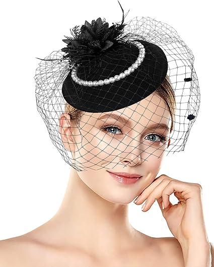 Veil Pillbox Hat Fascinators Hats for Women - Vintage Cocktail Tea-Party-Hat with Pearl for Wedding Briding