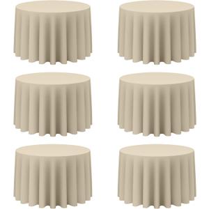 BRILLMAX 6 Pack Beige Round Tablecloths 108 Inch for 48 Tables - 150 GSM Polyester Fabric, Floor Length Drop, Water, Stain & Wrinkle Resistant Cloth Cover for Wedding Reception Banquet Dining