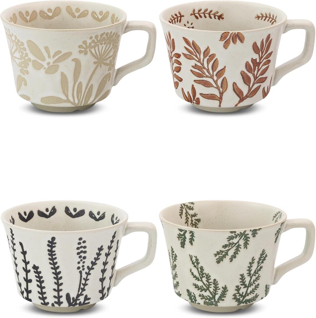 Ceramic Coffee Mug, 12 oz Novelty Unique Teacup with Large Handle, Stoneware Cup for Tea Mocha Latte Cappuccino Espresso (Set of 4, Butterfly Grass Ivy and Leaf) (one missing )
