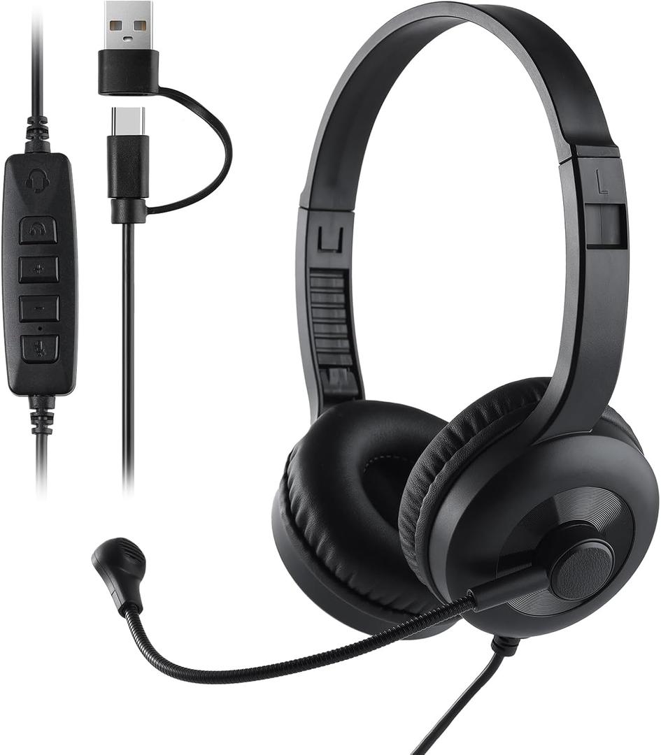 doudou USB Computer Headset with Noise Cancelling Mic for PC, Cell Phone, Office, Online Class, Zoom & Skype Calls, USB/Type-c, Lightweight Comfortable Headset with Volume Control, Black