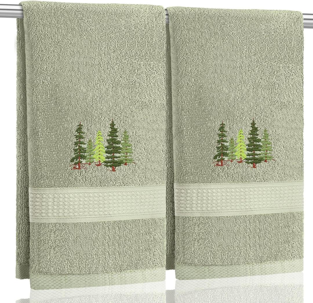 2 Pcs Forest Hand Towels Gray Green Bathroom Decor 14x29 Inch Embroidered 100% Cotton Soft Absorbent Nature Scene Decorative Hand Towels for Bathroom Kitchen