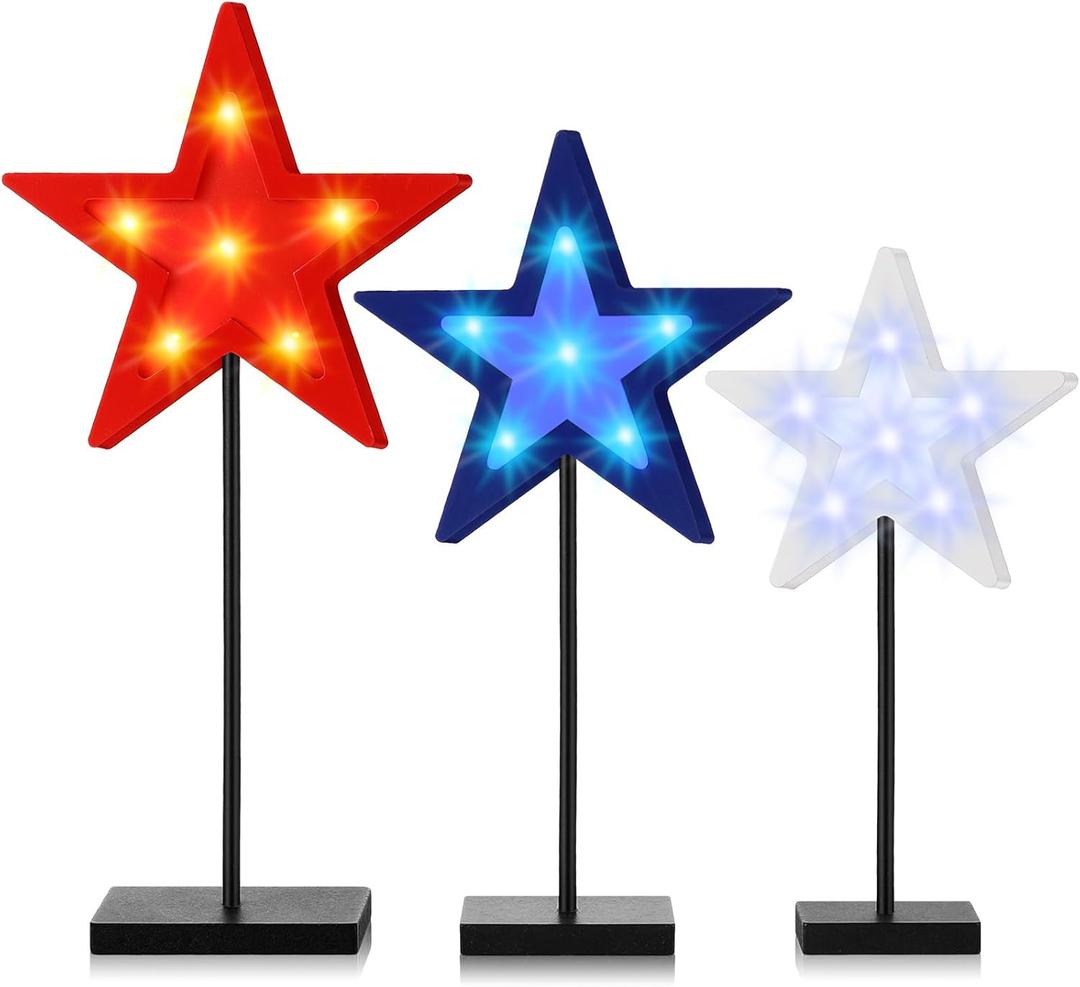 3 Pcs 4th of July Table Decorations Standing Star Block Set Patriotic LED Centerpieces Red White Blue Wooden Star Signs for Home Tabletop Tiered Tray Party Decor(Solid Style)