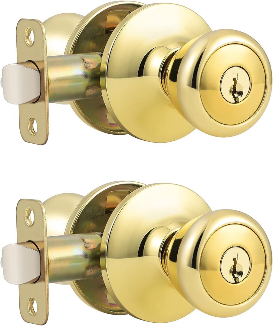 GOBEKOR, 2 Pack Gold Door Knobs with Lock and Key Tulip Door Knobs Exterior with Lock Brass Keyed Alike Entry Door Handles