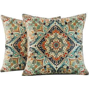 Boho Soft Velvet Throw Pillow Covers 22x22 in Vintage Moroccan Rug Tribal Pattern Pillowcases, Antique Ethnic Decor, Geometric Pattern Cushion Cover for Sofa Living Room, Blue, 2 Pack