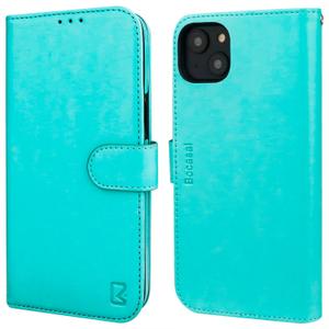 Bocasal Wallet Case for iPhone 14 Plus, RFID Blocking Magnetic Flip Case with Card Slots Holder Kickstand Wrist Strap, PU Leather Folio Shockproof Protective Cover 6.7 Inch (Light Blue)