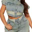Two Piece Short Denim Sets for Women Summer Button Down Asymmetrical Waisted Sexy Cowgirl Jean Outfits (Blue, M)