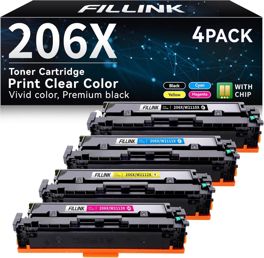 206A 206X Toner Cartridge for HP 206X 206A W2110X W2110A W2111X W2112X W2113X (with Chip) Use with HP Color Laserjet Pro MFP M283fdw M283cdw M283fdn M282nw M255dw Printers - High Yield & (BCMY 4 Pack)
