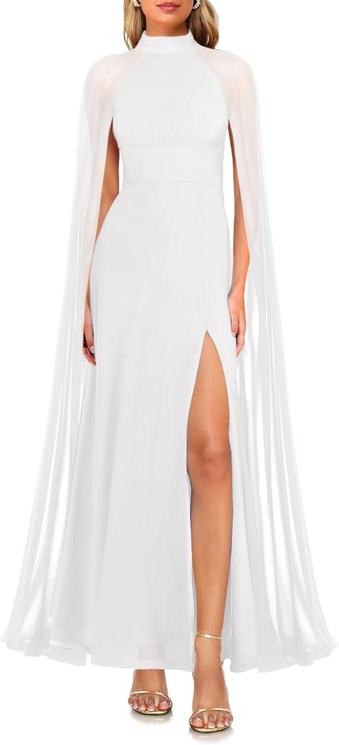 MAYFASEY Women's Elegant Long Sleeve Halter Neck Sexy Split Cocktail Evening Party A Line Maxi Long Formal Dress with Cape (Medium, White)