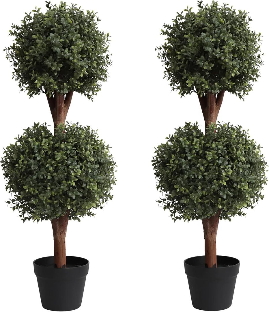 Set of 2 Lifelike 3Ft arfiticial Double Ball Topiary Trees Outdoor Faux Topiary Tree for Out Door Porch Decor