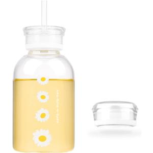 WHJY 16oz Cute Matte Glass Water Bottle with Straw, Milk Juice Bottle with Scale, 2 Lids, Little Daisy Sunflower Portable Cup - Clear 4 Sunflowers