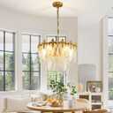 Antique Chandeliers 2-Layer Gold Crystal Glass Chandelier, 4-Light Round Pendant Light 17.7" Brushed Brass Adjustable Height, Applicable to Dining Room, Bedroom, Living Room, Foyer, Kitchen Island