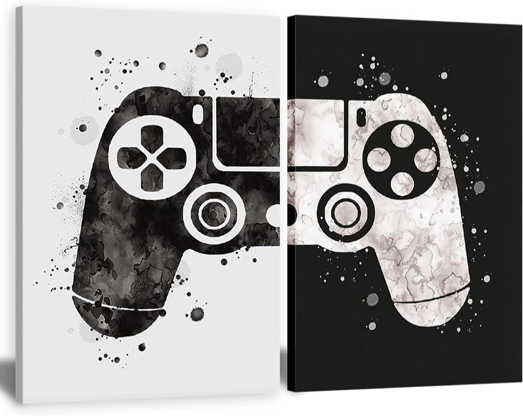 Framed Gamepad Canvas Wall Art Video Game Themed Pictures Painting Artwork Gaming Black and White Boys Game Room Decor Posters prints Wall Art Gifts for boys and men Game lovers Wall, 16Wx24H2piece