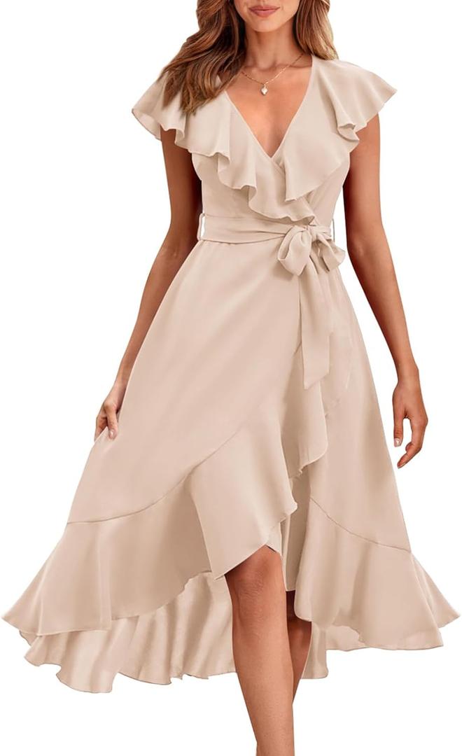 RETTYGARDEN Women's 2026 Spring Cross Midi Dress Casual Boho Deep V Neck Short Sleeve Ruffle Hem Split Beach Long Dresses, Large