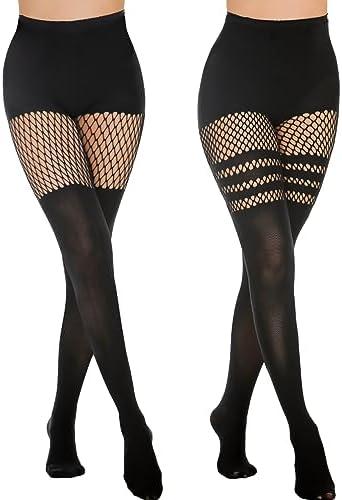 MANZI Faux Thigh High Tights Mock Suspender Pantyhose Striped Goth Fishnets Pack of 2