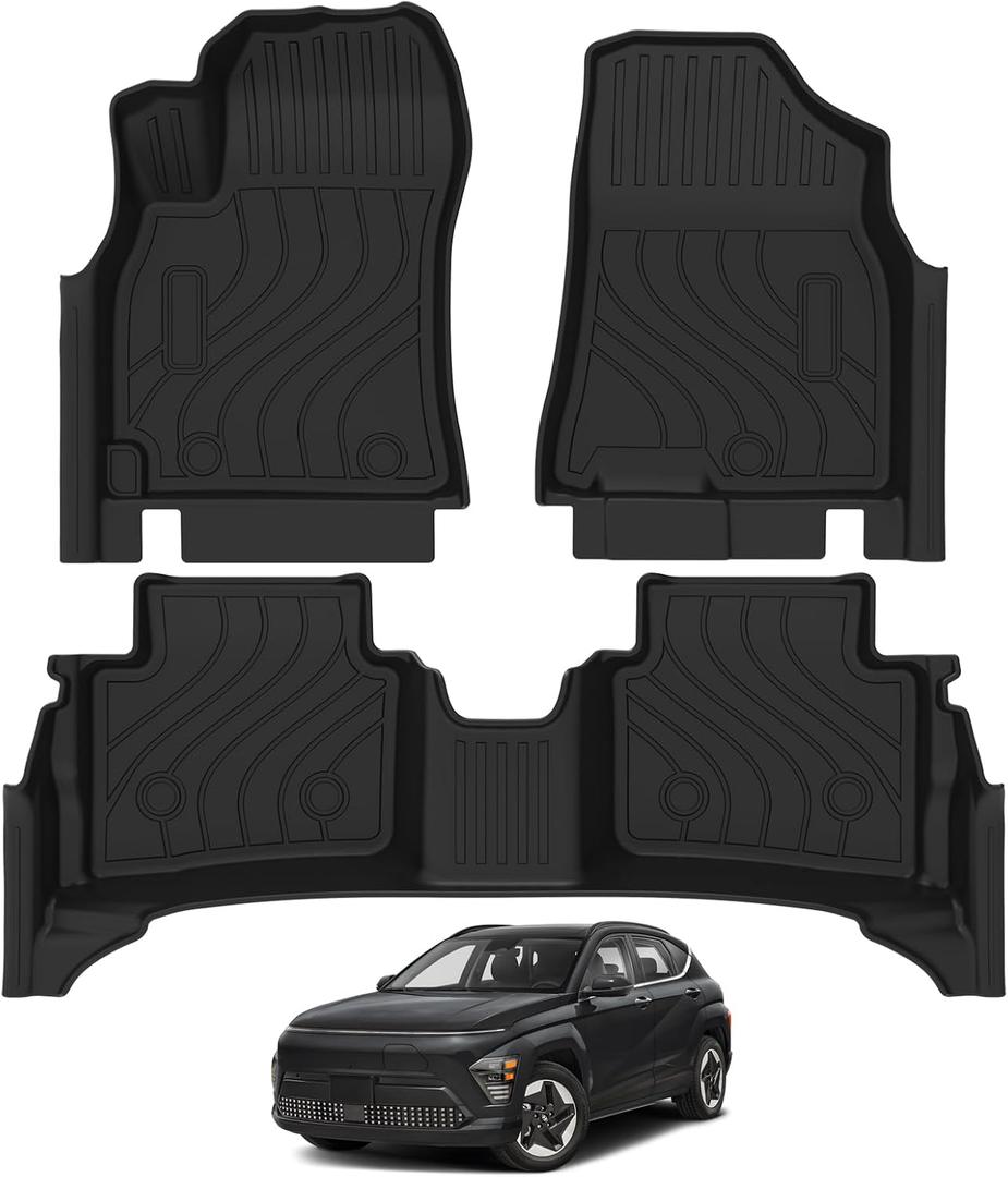 Falafa Floor Mats for 2025 Hyundai Kona(Not for EV), All Weather TPE Heavy Duty Anti-Slip Floor Liners 1st & 2nd Row for Hyundai Kona Car Mats Accessories, Black