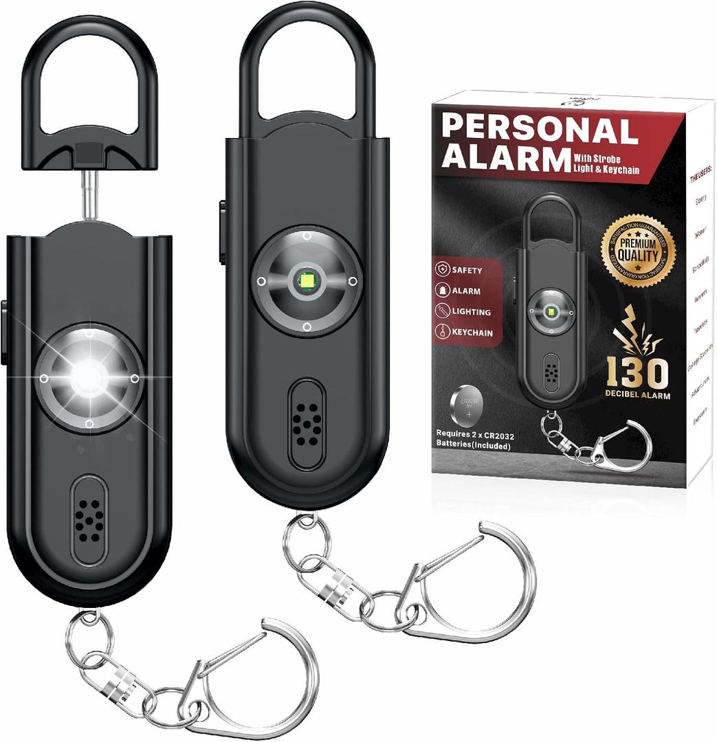 Personal Safety Alarm Keychain for Women 2PCS -130 dB Loud Siren with SOS Strobe Light, Flashlight, Double Speakers, Safe Defense Key Chain for Girls Kids Elders Emergency Call