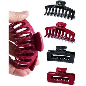 Mesovor 4 Pack Silicone Flexible Hair Claw Clips, Nonslip Large Bendable Claw Clip | Soft Hair Grip Hairclips for Thin and Thick (Black, Wine Red)