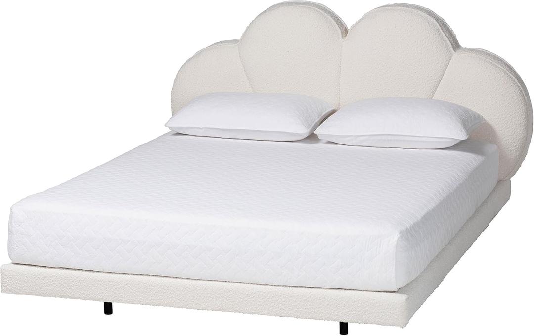 Baxton Studio Barrera Floating Platform Bed with Scalloped Headboard - Low Profile Minimalist Boucle Upholstered Bed Frame, Cream, Queen