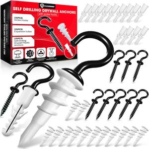 [Upgraded] 25 PCS Screw Hooks with Self-Drilling Drywall Anchors, Plastic Expansion Tubes Included, Heavy Duty Eye Hook, Screw in Hook for Hanging Plants, String Lights, Cup, Key