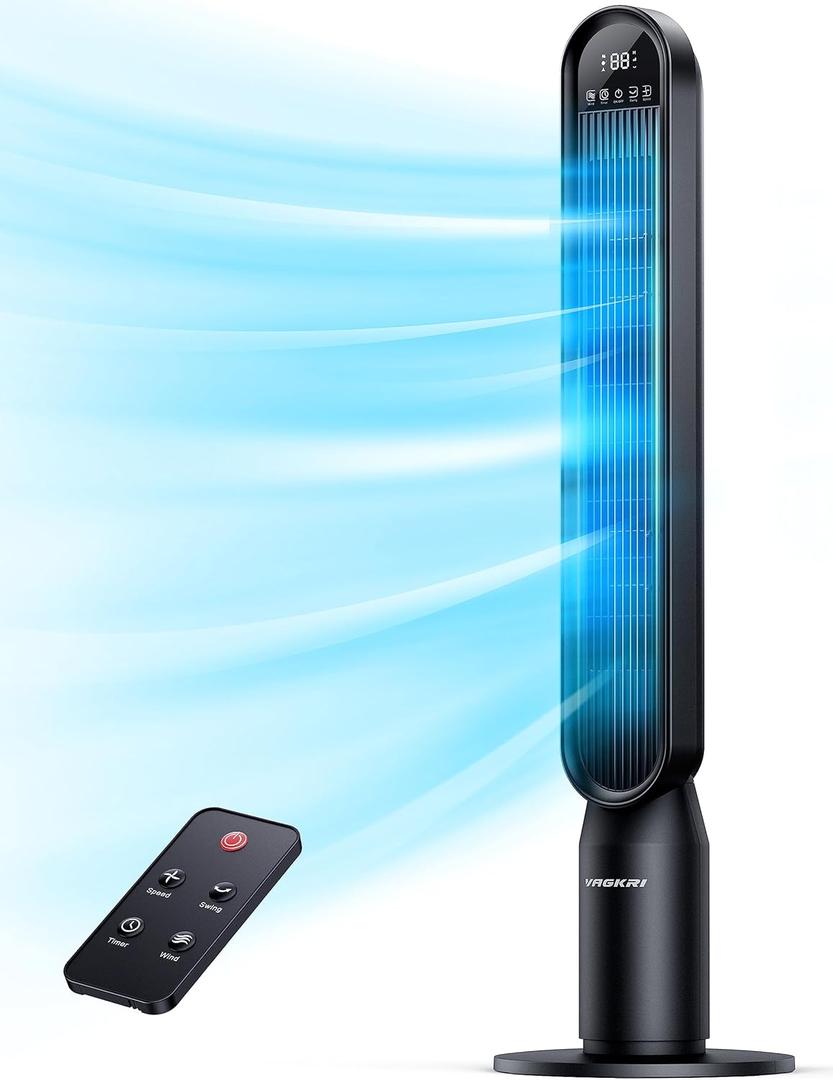 VAGKRI Tower Fan for Bedroom, 42 Inch Quiet Floor Fan with 135 Vertical 90Oscillation Fans for Indoors, 4 Modes, 4 Speeds, 15H Timers Standing Bladeless Fans with Remote Black