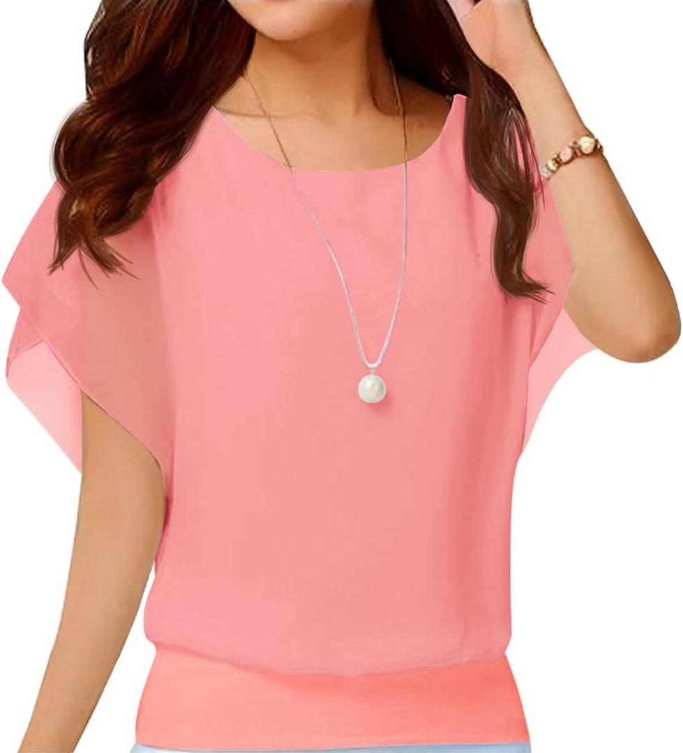 Neineiwu Women's Summer Dressy Casual Chiffon Tops Short Sleeve Blouses | Batwing Short Sleeves, Two-layer Design, Not See-through, Elastic Waistband, Lightweight, Crew Neck, Dressy-looking (Pink, XL)