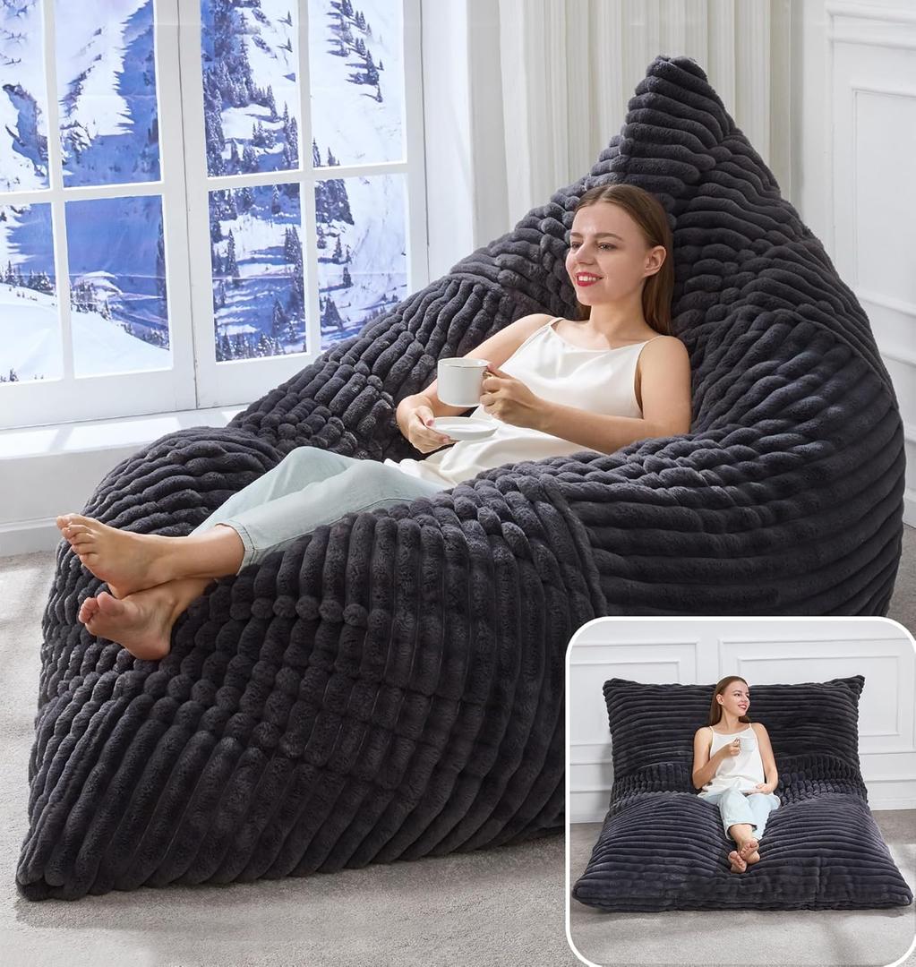 Hobestluk 3 in 1 Bean Bag Chair Giant Bean Bag Chairs Convertible Bean Bag Floor Cushion with Machine Washable Cover, Beanbag Chairs for Adult (Dark Grey) Large