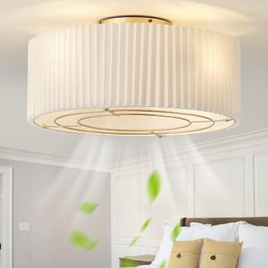 20" Caged Low Profile Ceiling Fan with Light, Flush Mount Boho Ceiling Fan with Light Remote Control, Bladeless 6 Speeds for Bedroom, Nursery, Living Room (Beige)