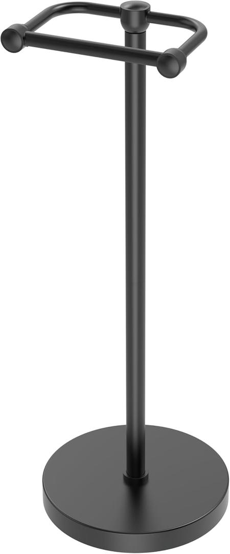 Toilet Paper Holder Stand, Modern Bathroom Free Standing Toilet Paper Roll Holder, Stainless Steel Tissue Rack, Rust-Proof & Heavy Stable Base (Matte Black)