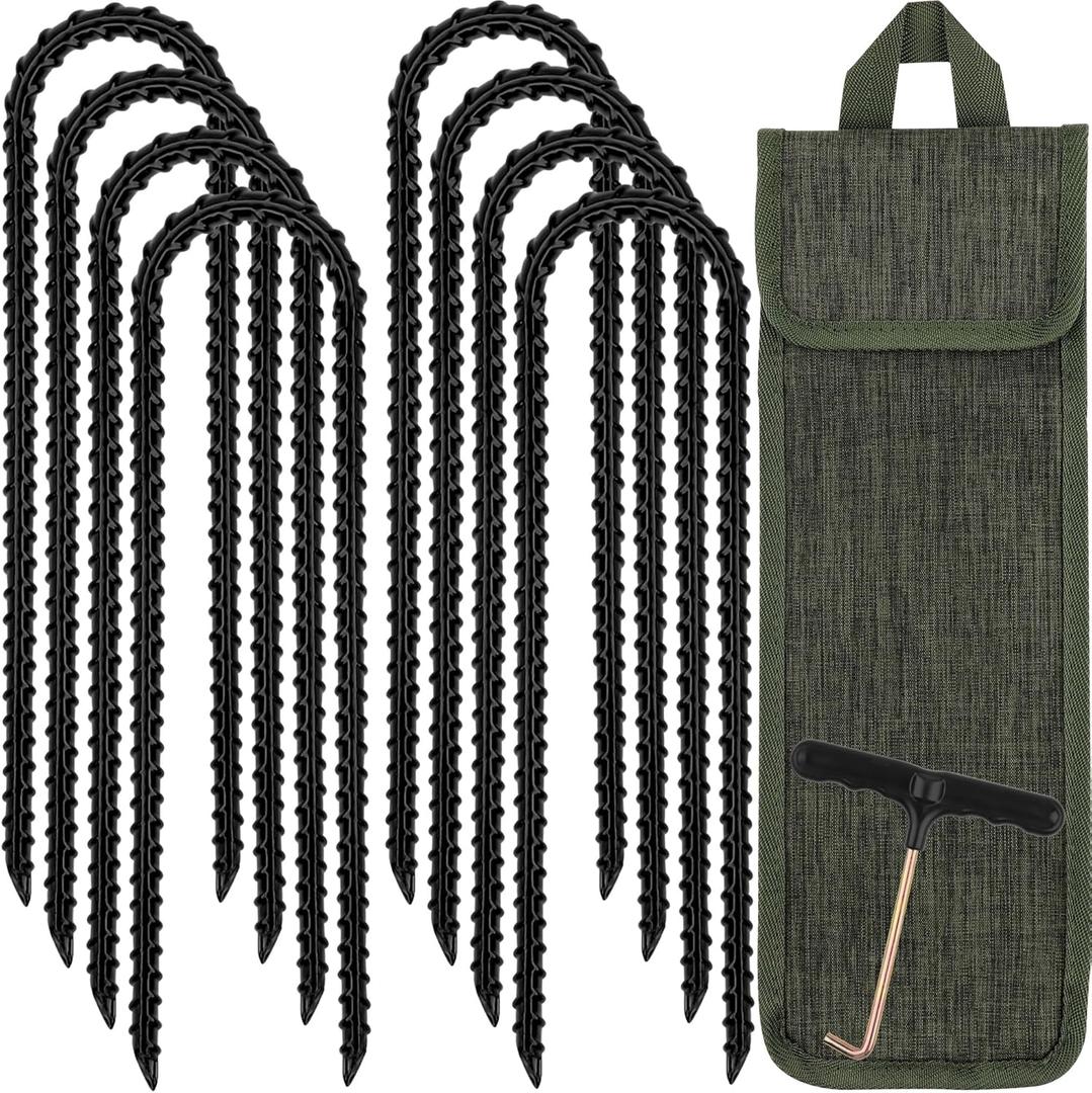 RIY Trampoline Stakes Anchors High Wind 12'' Ground Anchor Heavy Duty Tent Stakes Swing Set Anchors Trampoline Accessories with T Hook - Black 8pcs