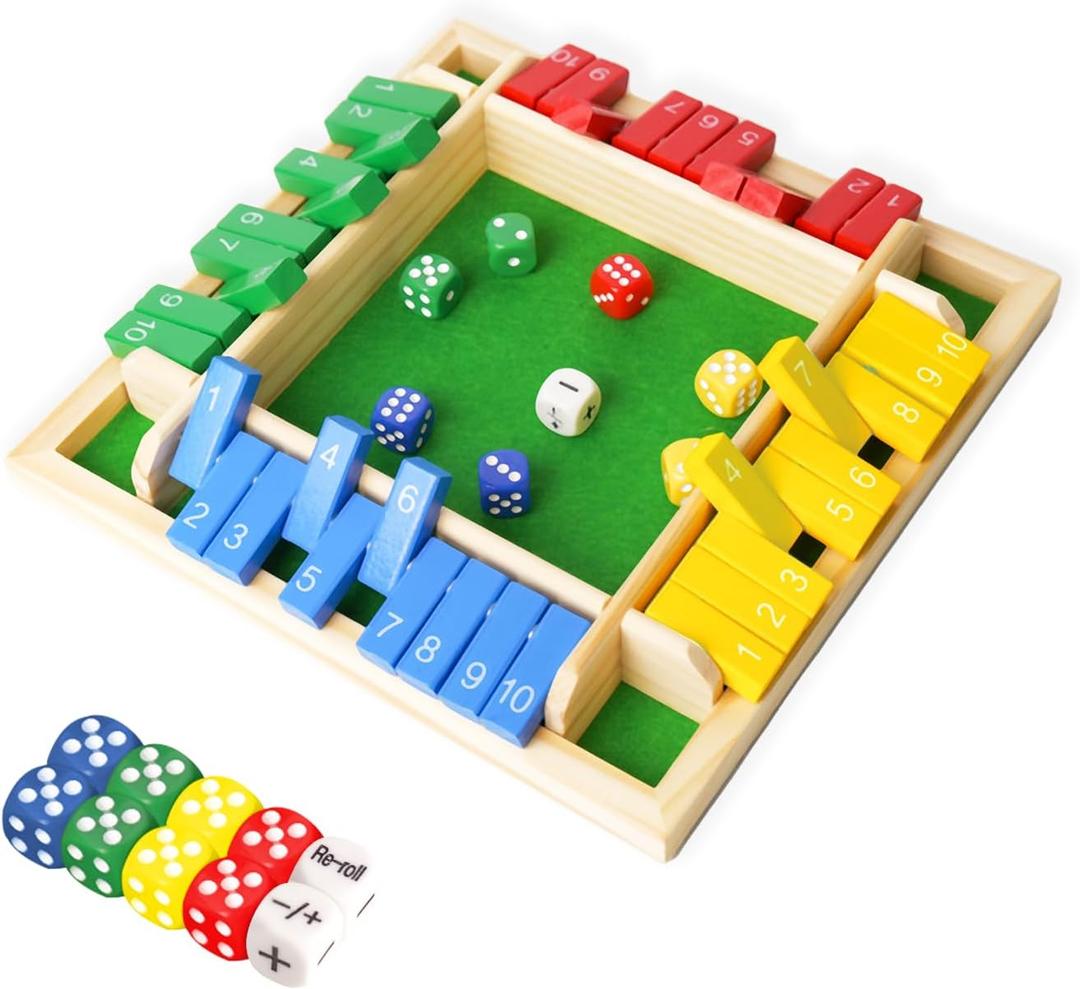 Shut The Box Dice Game 12 Inch Upgraded 2-4 Player Wooden Dice Game Math Addition Games Close The Box Family Wooden Dice Board Game for Kids Adults, Tabletop Version for Classroom, Home, Party or Bar, 12X12X1.8 Inches