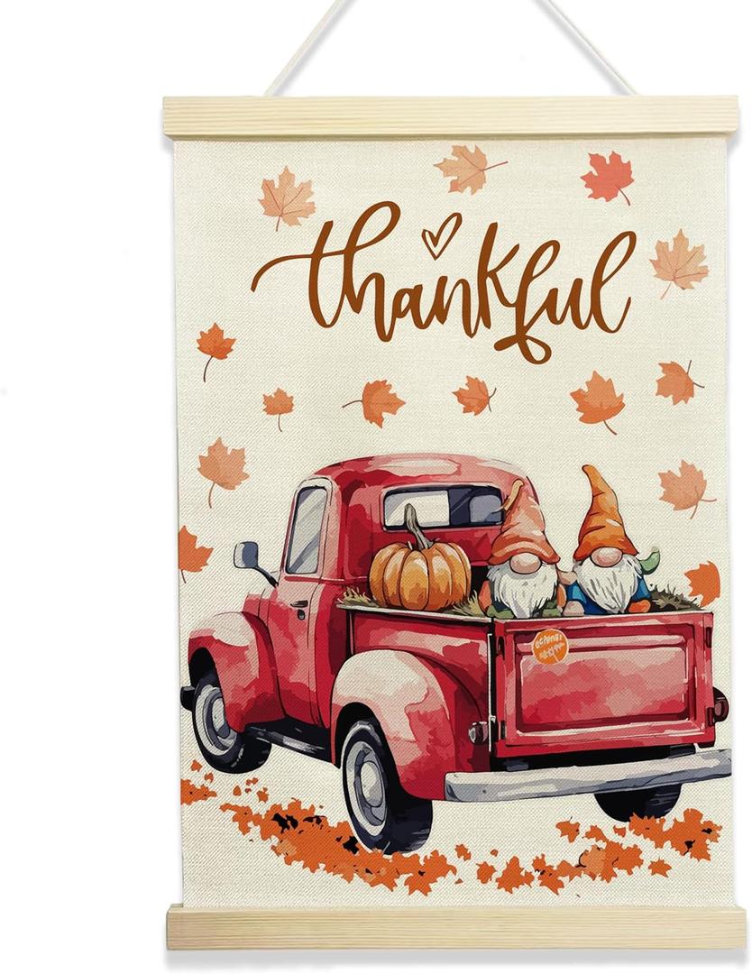 NQDWX Thankful Red Truck Hanging Flag  Fall Farmhouse Wall Decor with Pumpkins & Gnomes, Rustic Autumn Thanksgiving Linen Flag with Wooden Frame for Home Kitchen 12x17 Inches(174)