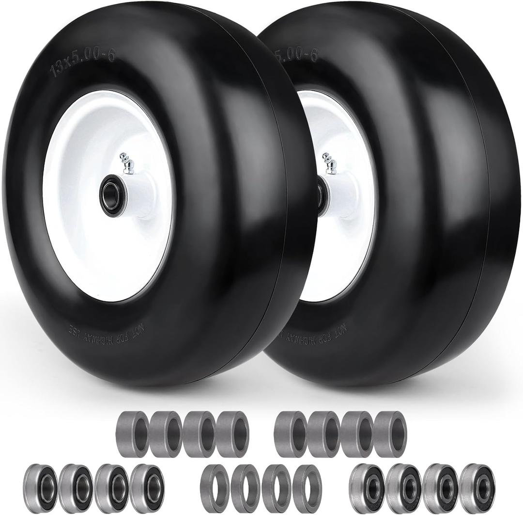 13x5.00-6 Flat Free Lawn Mower Tire,Riding Lawnmower Tire with 3/4" & 5/8" Precision Bearings,3.25"-5.25" Centered Hub,Solid Smooth Zero Turn Mower Front Tire for Residential and Commercial,White
