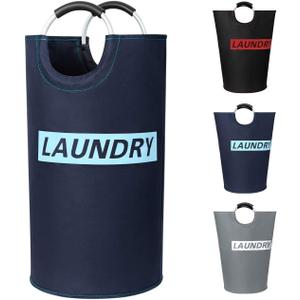 ZERO JET LAG 82L Large Laundry Basket Collapsible Fabric Hamper Tall Foldable Laundry Bag Handles Waterproof Washing Bin Clothes Travel Bathroom College Essentials Storage (Dark & Light Blue, L)