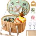 Picnic Basket for 2, Extra Large Wicker Picnic Basket Insulated, Handwoven Vintage Willow Picnic Set, 2 partitions, 8.4 Gal, Portable Camping, Outdoor, Couples Wedding Gifts, Date, Natural