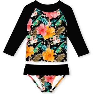 Funnycokid Girls Rash Guard Swimsuit Set Long Sleeve Bathing Suit Two Piece 2-10 Years (7-8 Years, Floral Black 01)