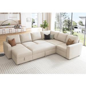 HONBAY Modular Sectional Sleeper Sofa with Pull Out Bed, U Shaped Sectional Couch with Storage Ottoman, Sleeper Sectional Couches for Living Room, Beige